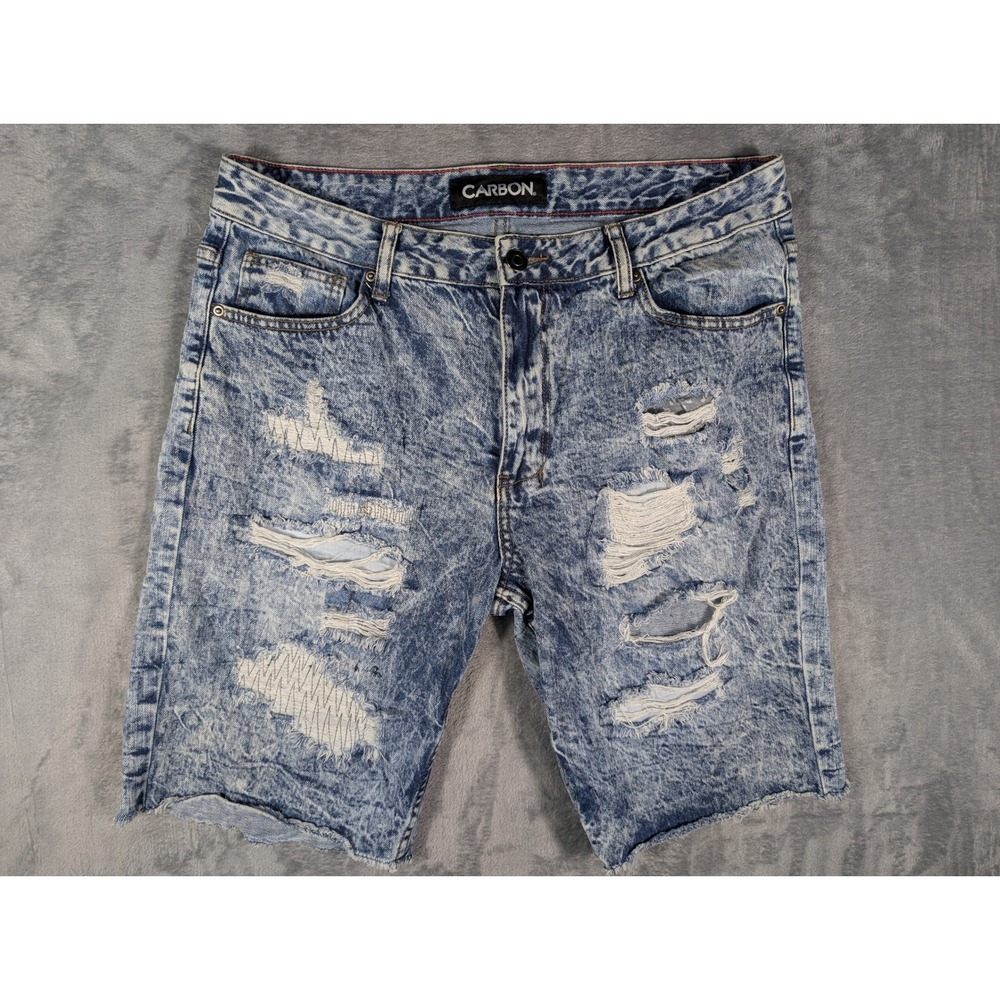 Carbon Mens Distressed Acid Wash Denim Ripped Raw Hem Jean Shorts Size 36